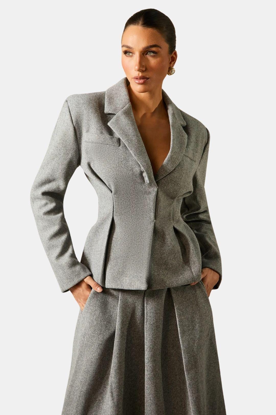 Audrey – Grey Blazer and Pleated Midi Skirt Set