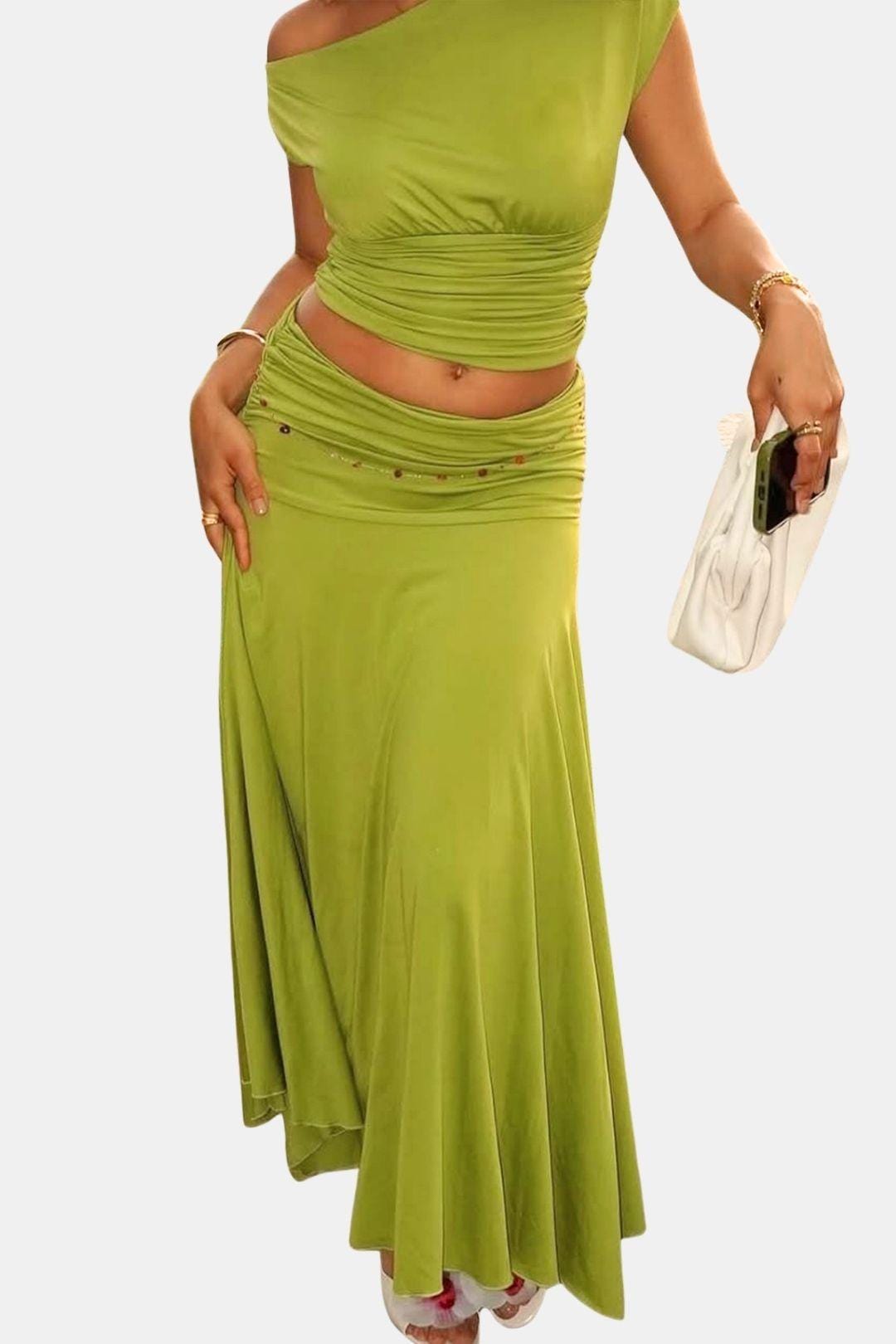 Belinda - One-Shoulder Ruched Maxi Skirt Set
