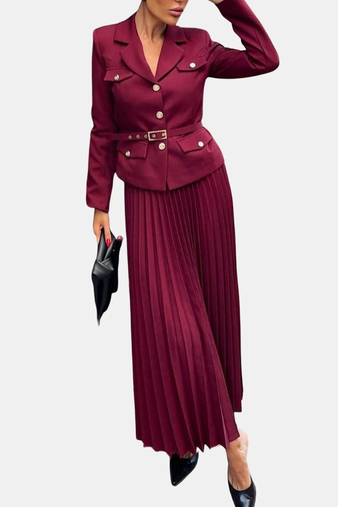Karina – Belted Blazer and Pleated Skirt Set