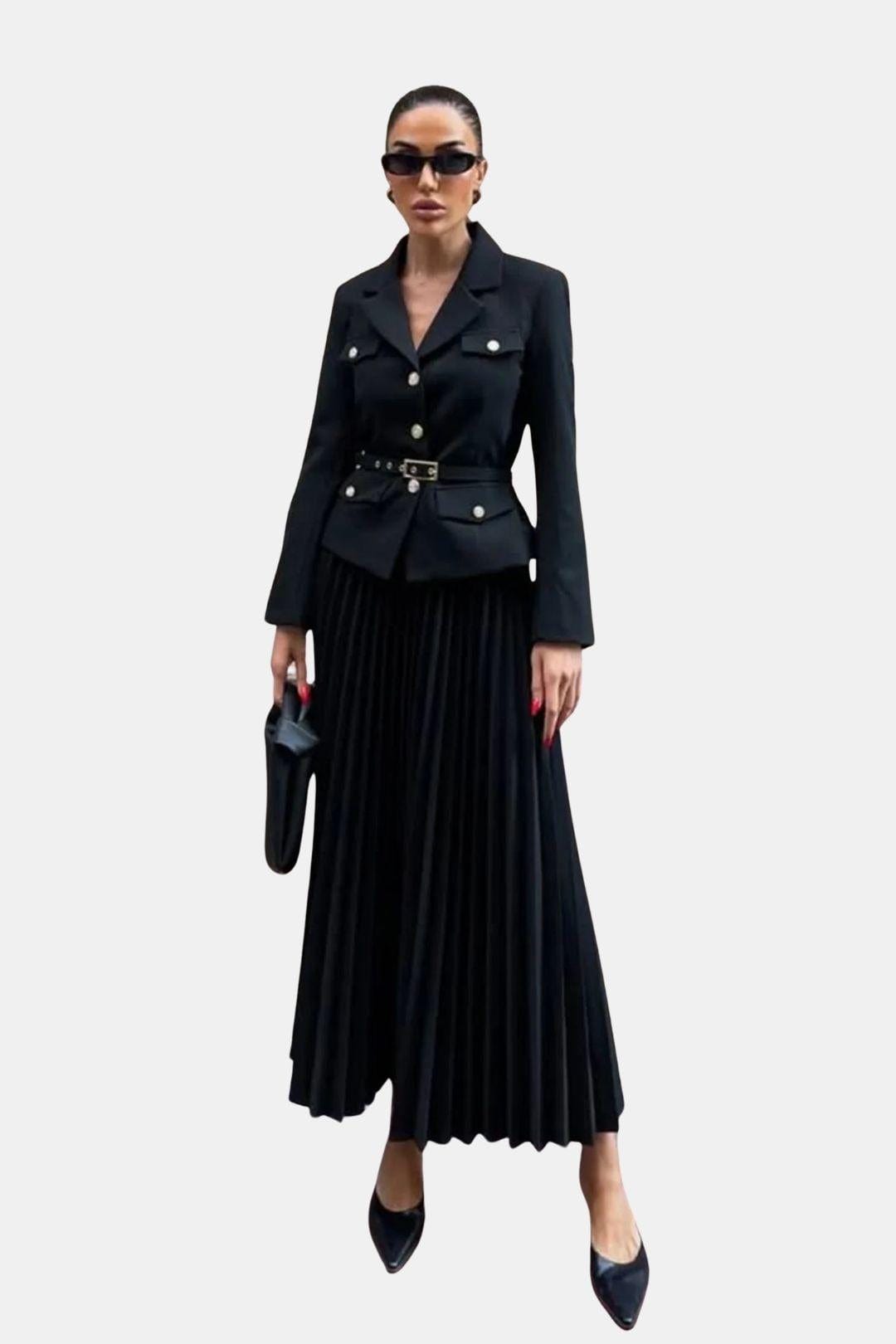 Karina – Belted Blazer and Pleated Skirt Set
