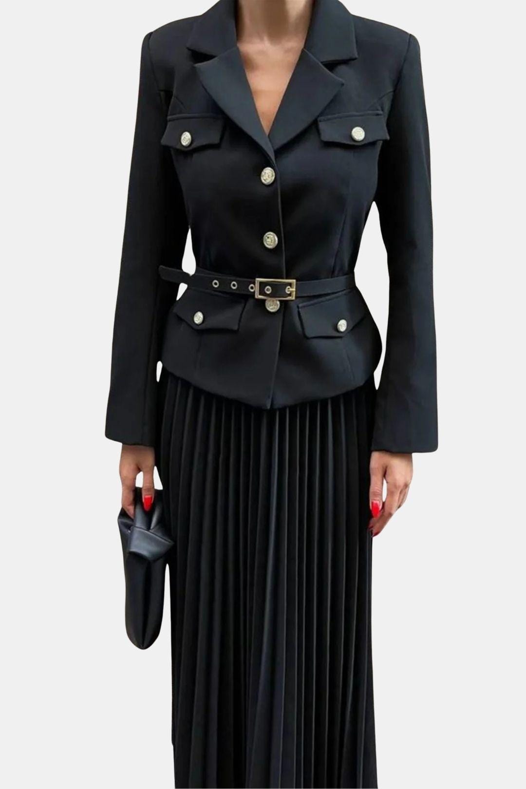 Karina – Belted Blazer and Pleated Skirt Set