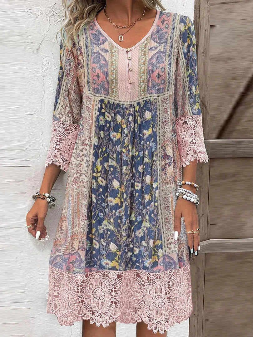 Jane | Floral Midi Dress with Lace and V-Neck - Image 2