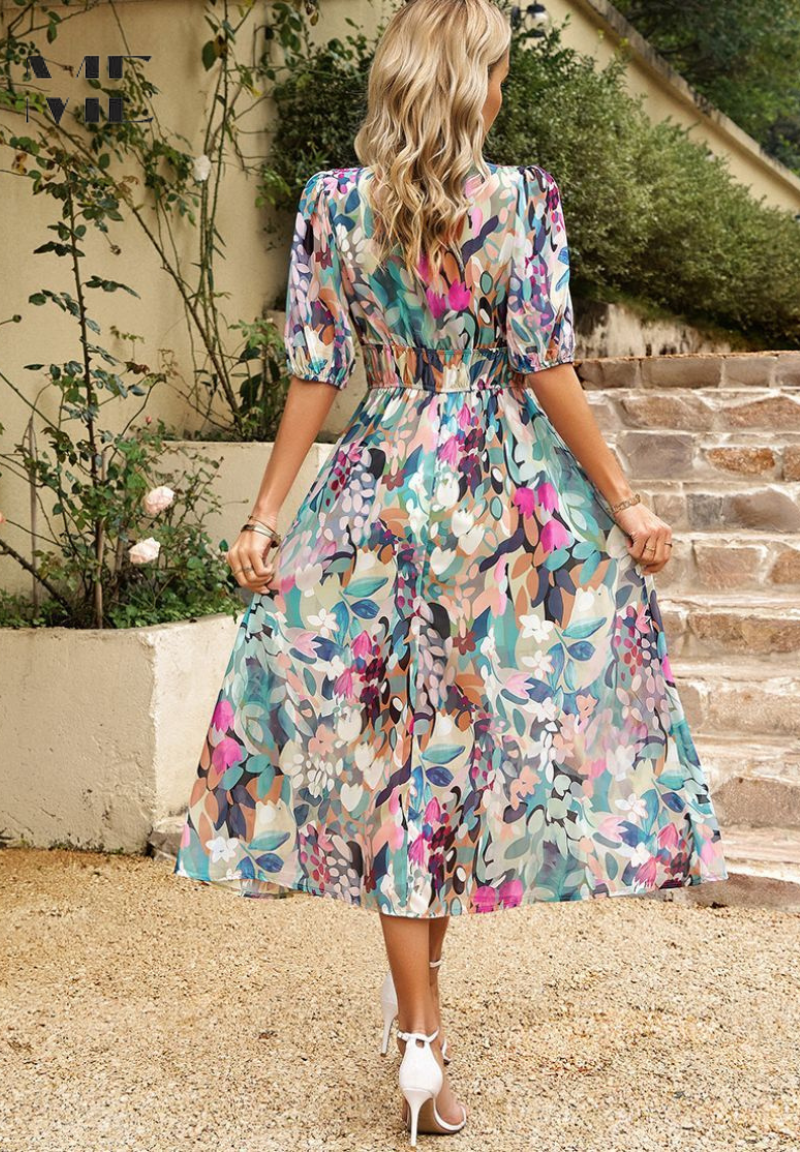 Toad Road | Elegant Floral Midi Dress with Puff Sleeves