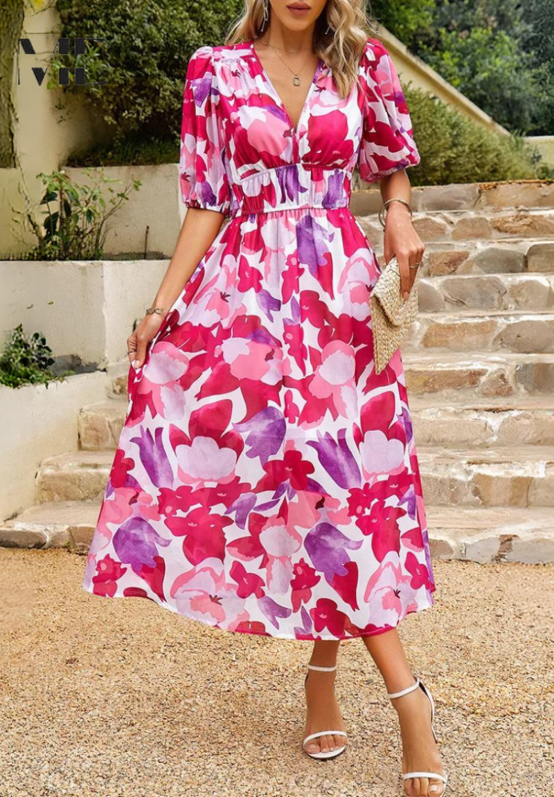 Toad Road | Elegant Floral Midi Dress with Puff Sleeves