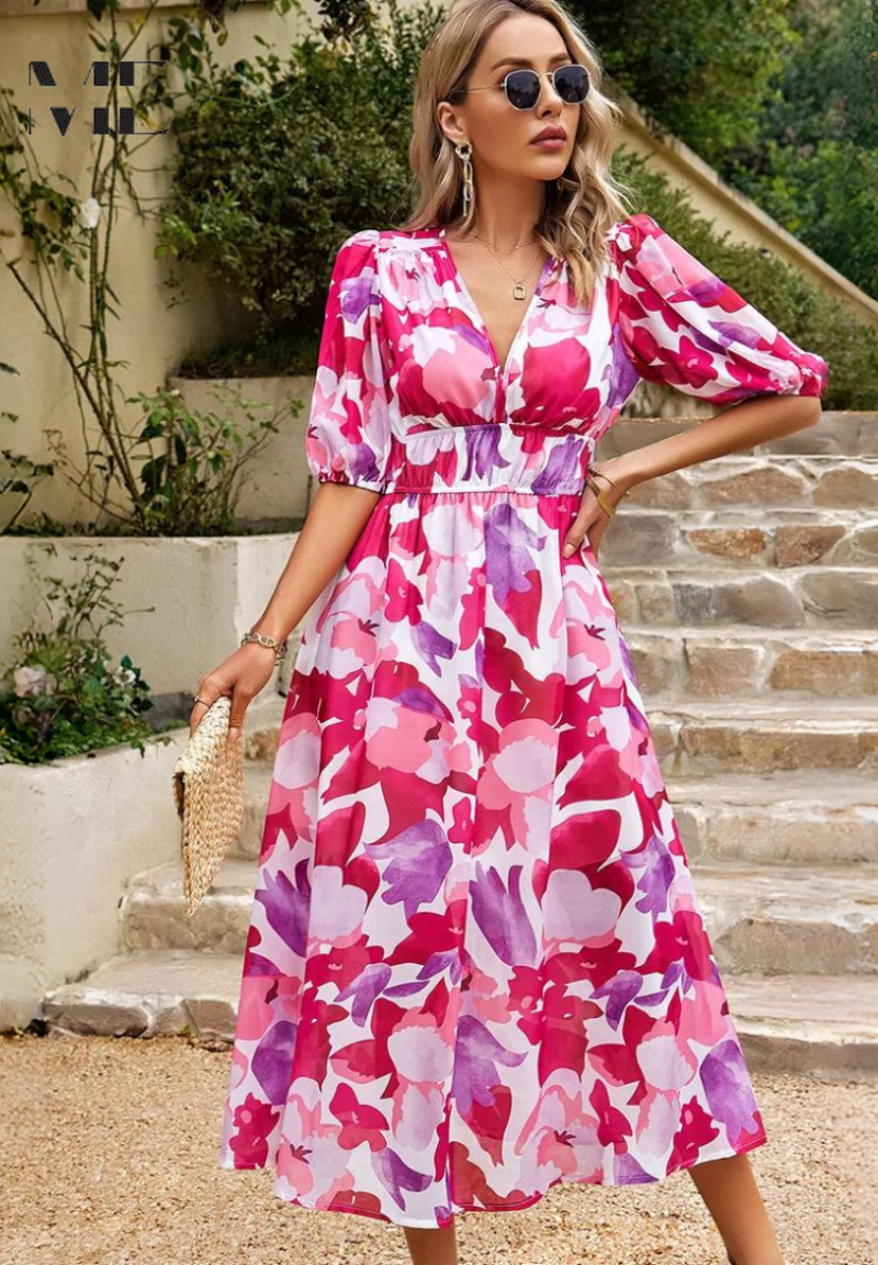 Roxanne | Elegant Floral Midi Dress with Puff Sleeves - Image 17