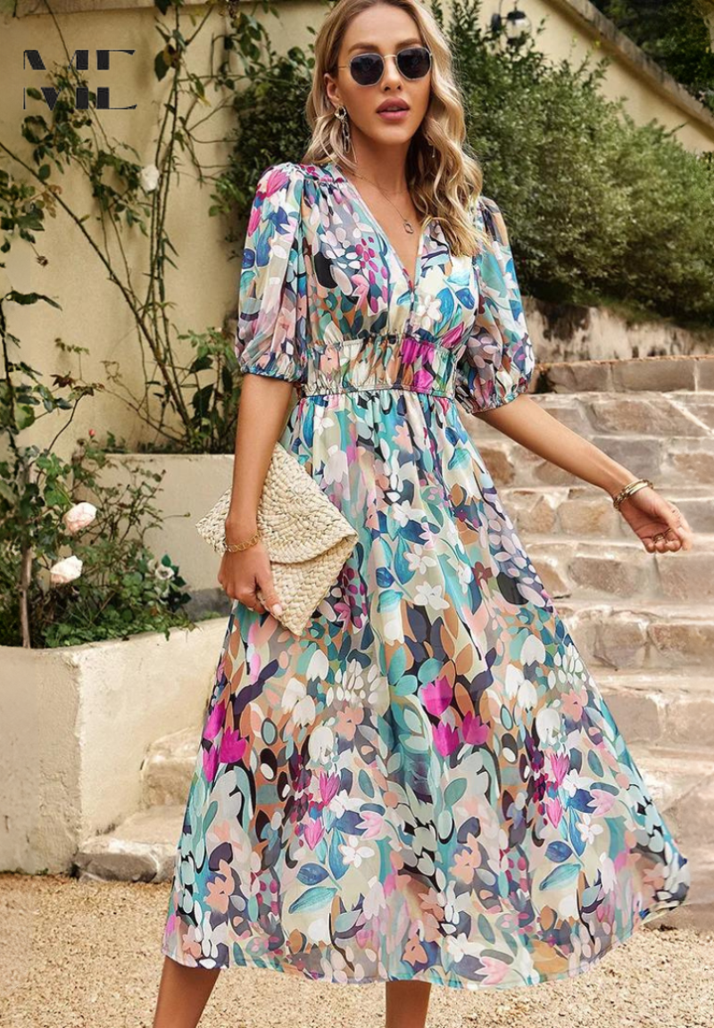 Toad Road | Elegant Floral Midi Dress with Puff Sleeves