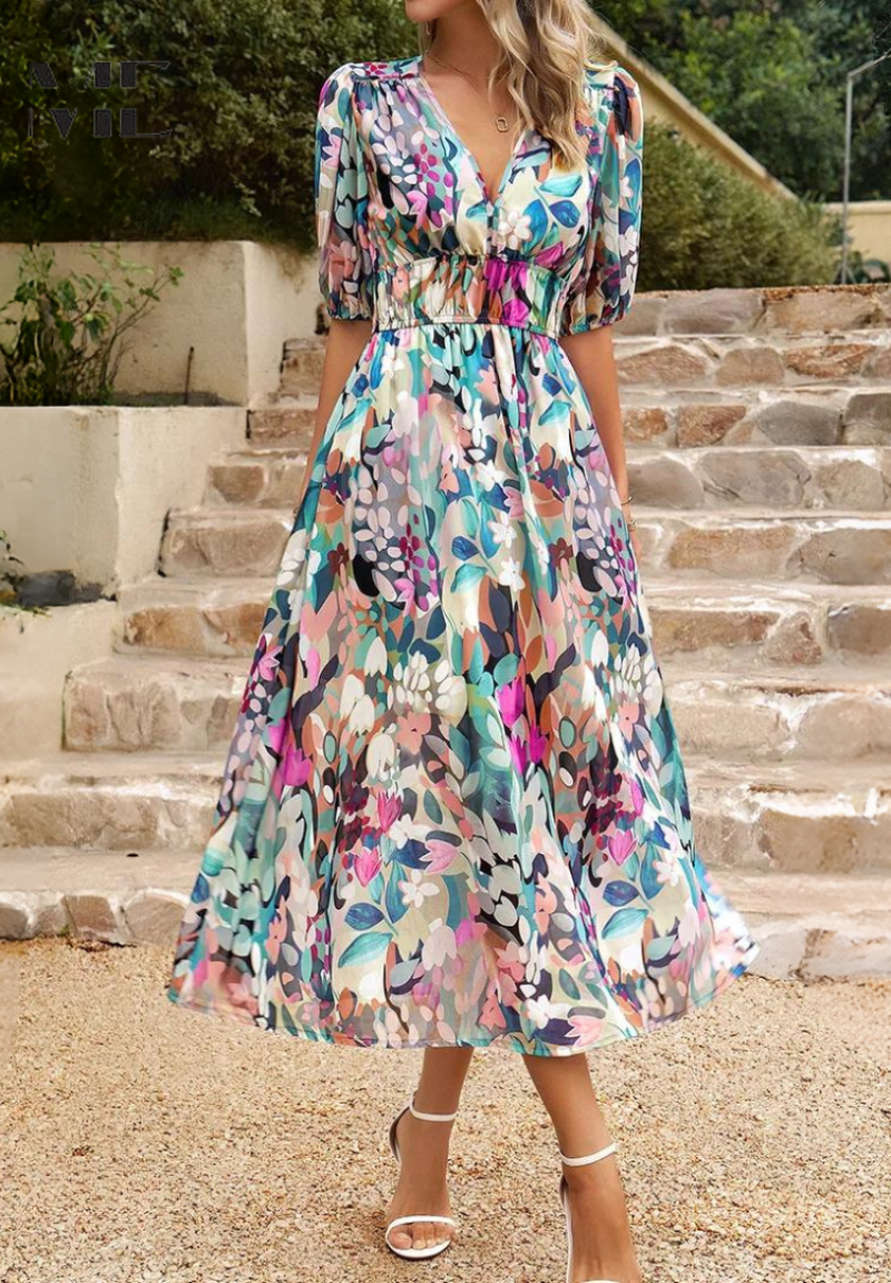 Toad Road | Elegant Floral Midi Dress with Puff Sleeves