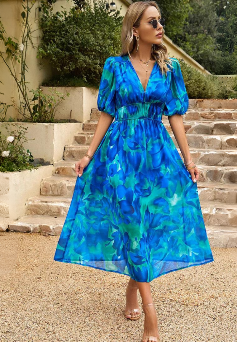 Toad Road | Elegant Floral Midi Dress with Puff Sleeves