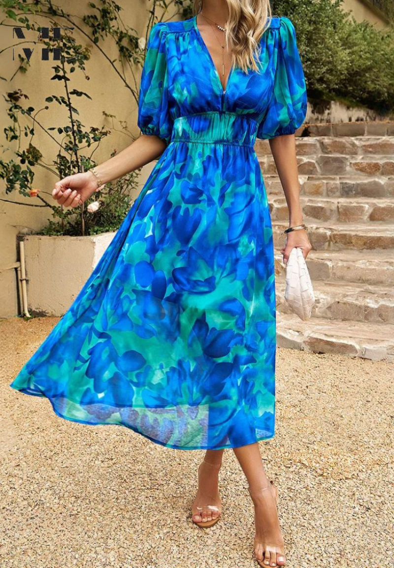 Toad Road | Elegant Floral Midi Dress with Puff Sleeves