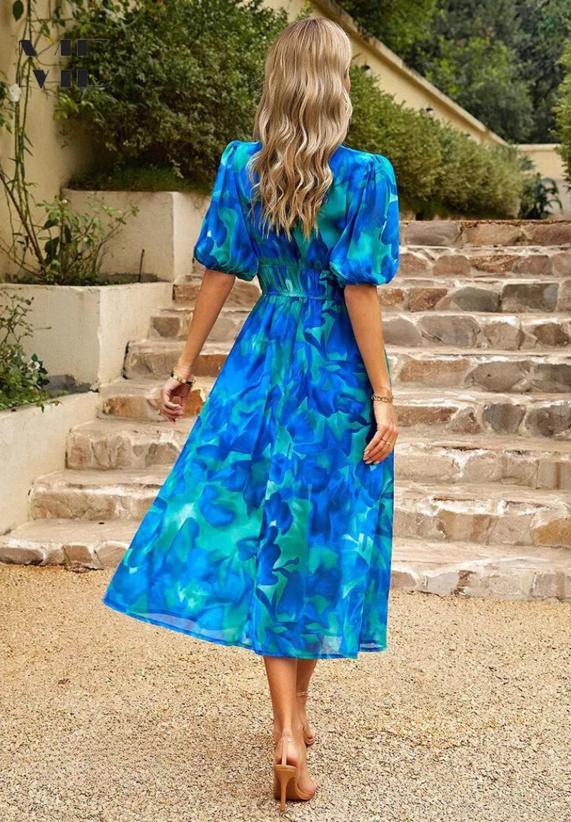 Toad Road | Elegant Floral Midi Dress with Puff Sleeves