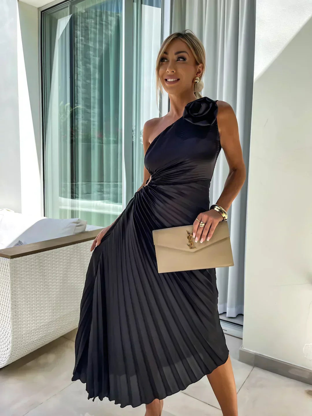 Mandy | Elegant Shoulder Pleated Dress - Image 6
