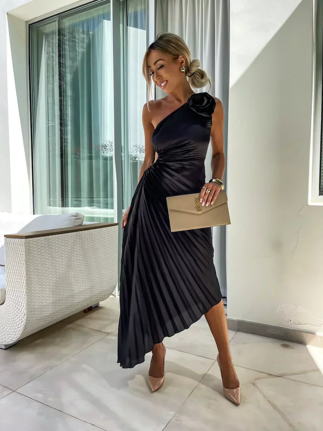 Toad Road | Elegant Shoulder Pleated Dress