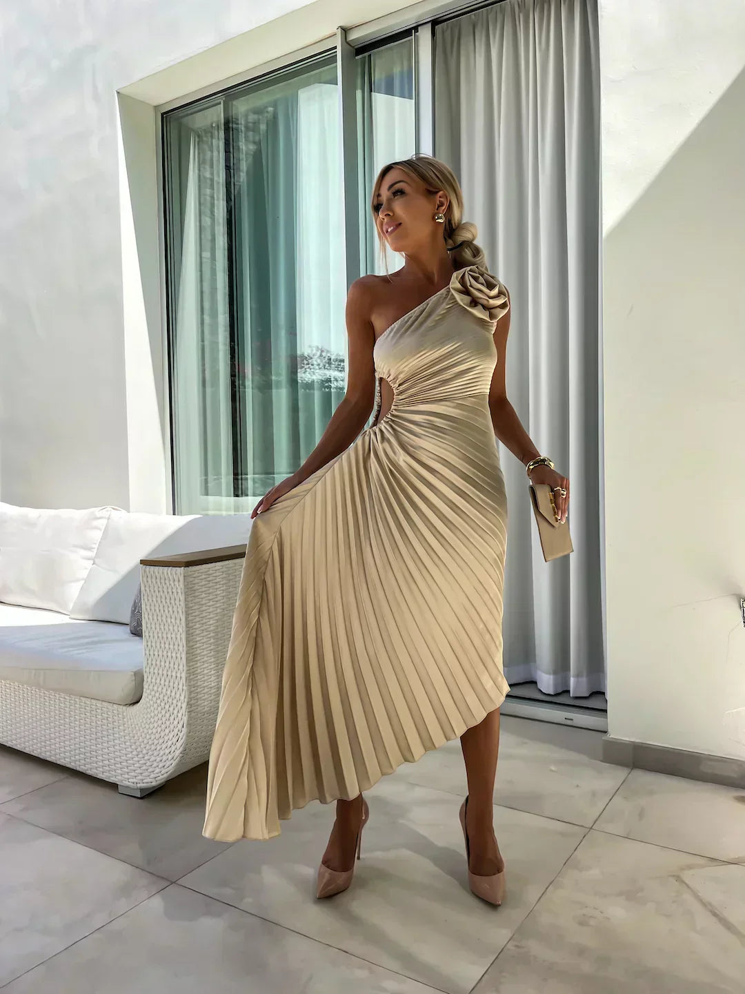 Toad Road | Elegant Shoulder Pleated Dress
